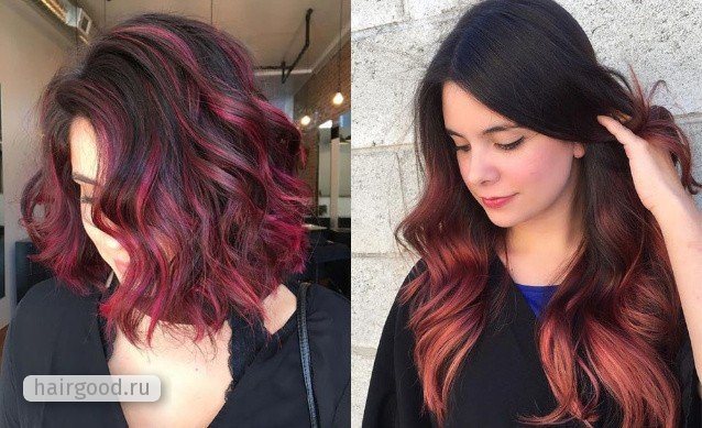 Красные пряди на темных волосах